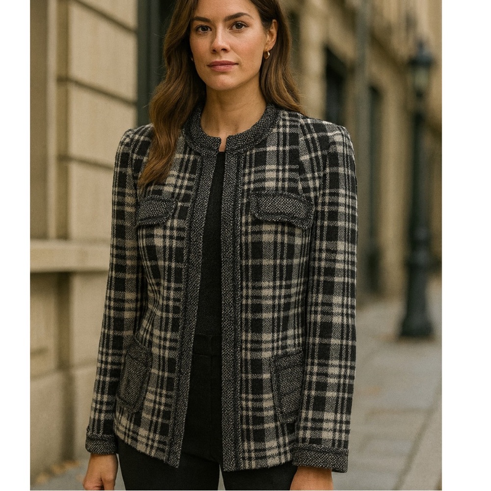 Elliott Lauren Black & White Plaid Virgin Wool Cotton Blend Open front Blazer 6